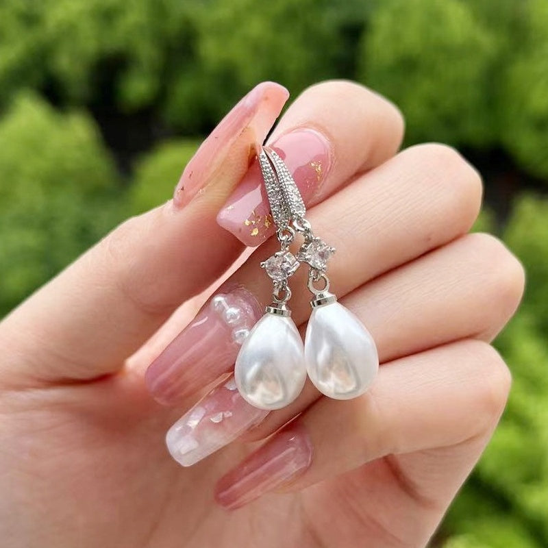 Women's White-Plated Cubic Zirconia Faux Pearl Drop Earrings