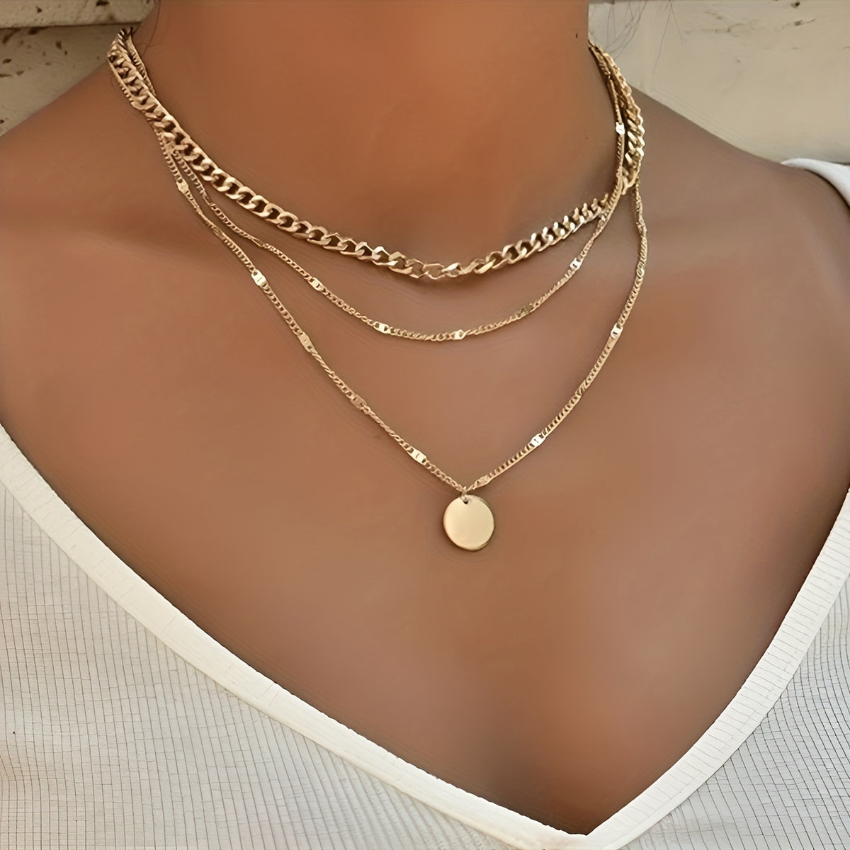 Women's Gold-Plated Multi-Layer Round Pendant Necklace