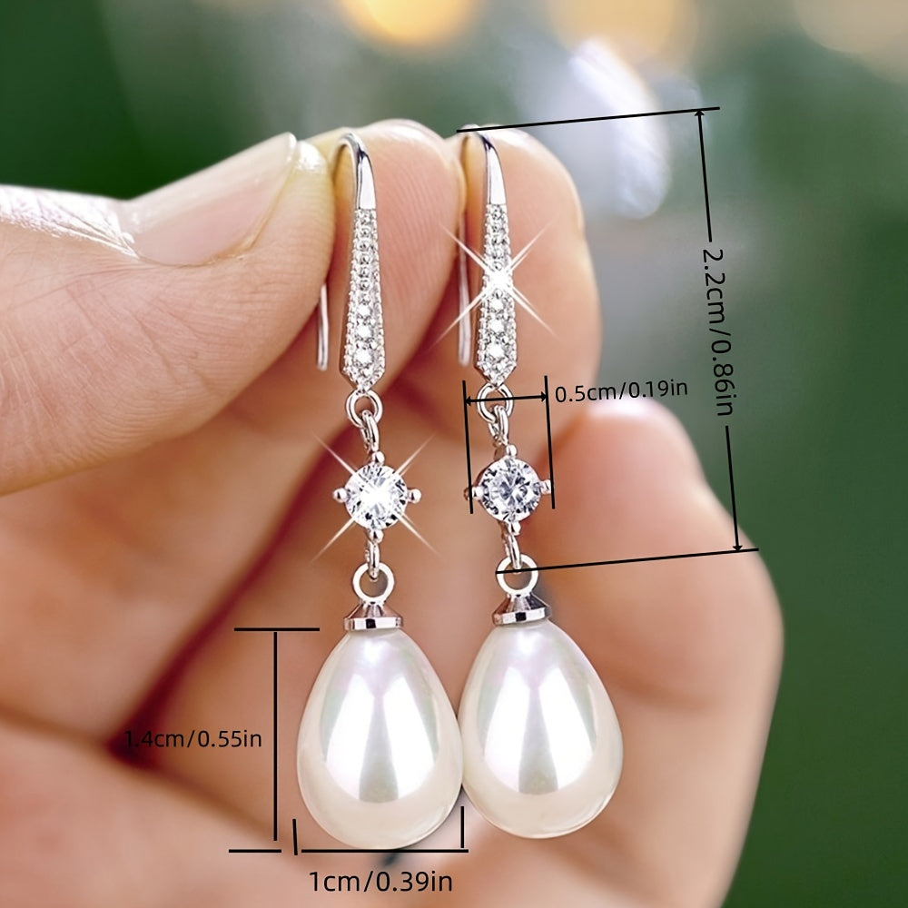 Women's White-Plated Cubic Zirconia Faux Pearl Drop Earrings