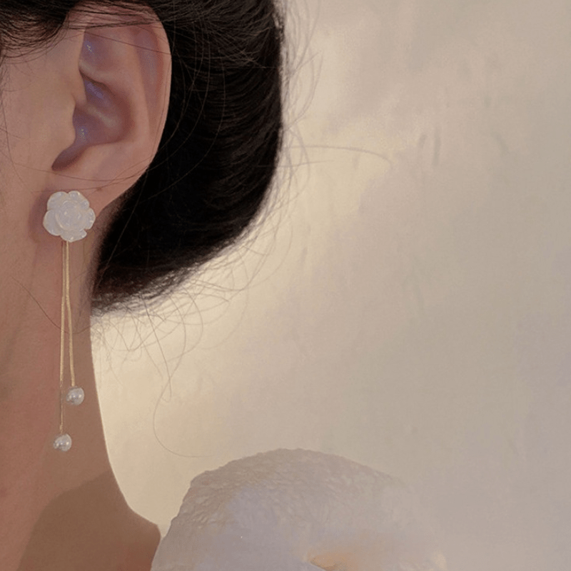 Women's Gold-Plated Faux Pearl Flower Tassel Drop Earrings
