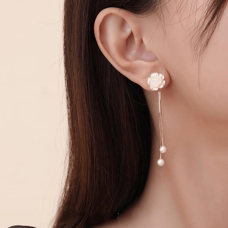 Women's Gold-Plated Faux Pearl Flower Tassel Drop Earrings