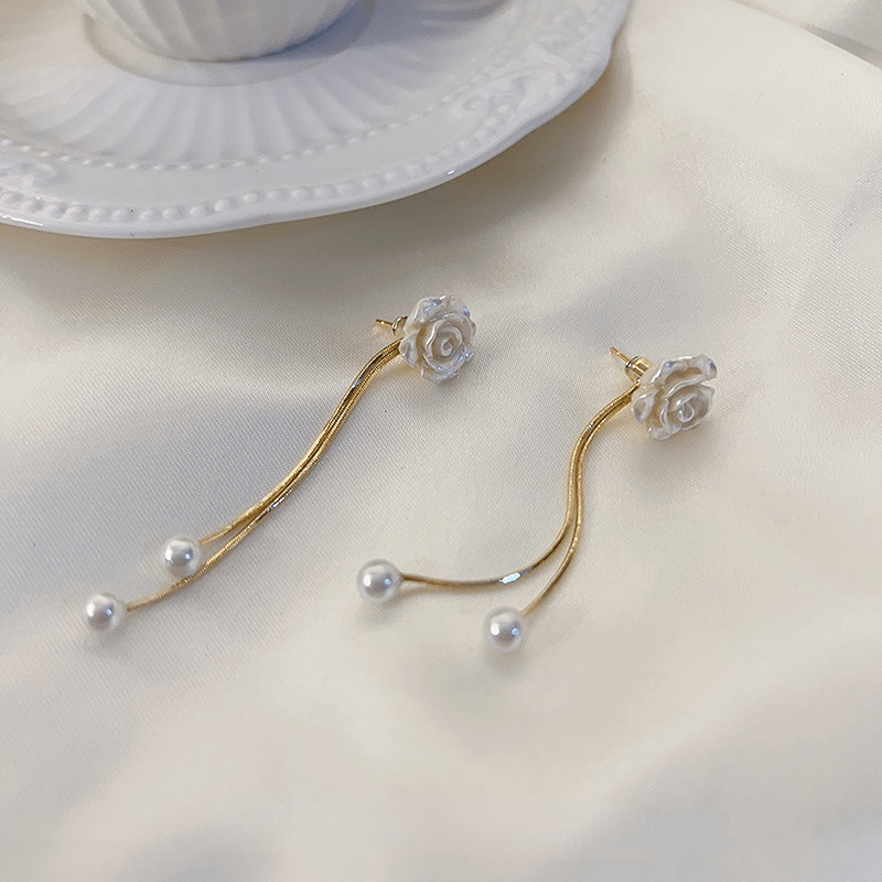 Women's Gold-Plated Faux Pearl Flower Tassel Drop Earrings
