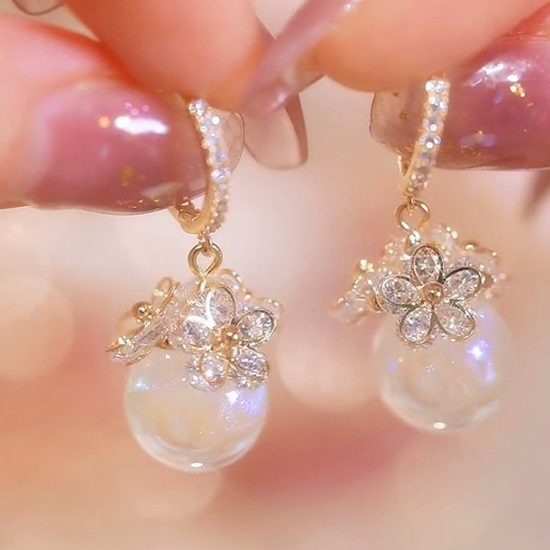 Women's Gold-Plated Faux Pearl Flower Drop Earrings