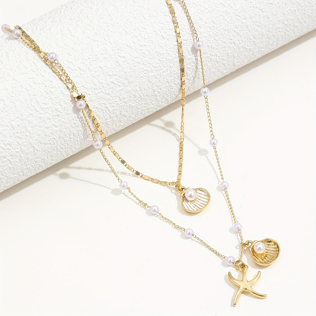 Women's Gold-Plated Layered Pendant Necklace Set with Faux Pear