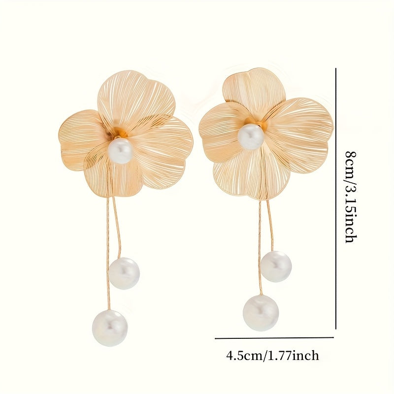 Women's Gold-Plated Ginkgo Flower Faux Pearl Drop Earrings
