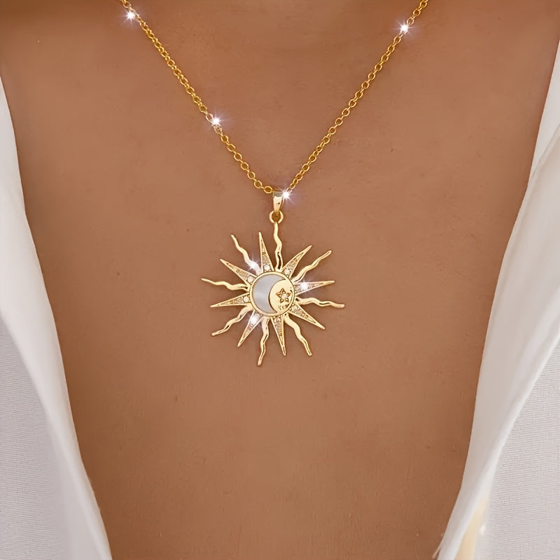 Women's Gold-Plated Sun Pendant Necklace with Crystal Accent
