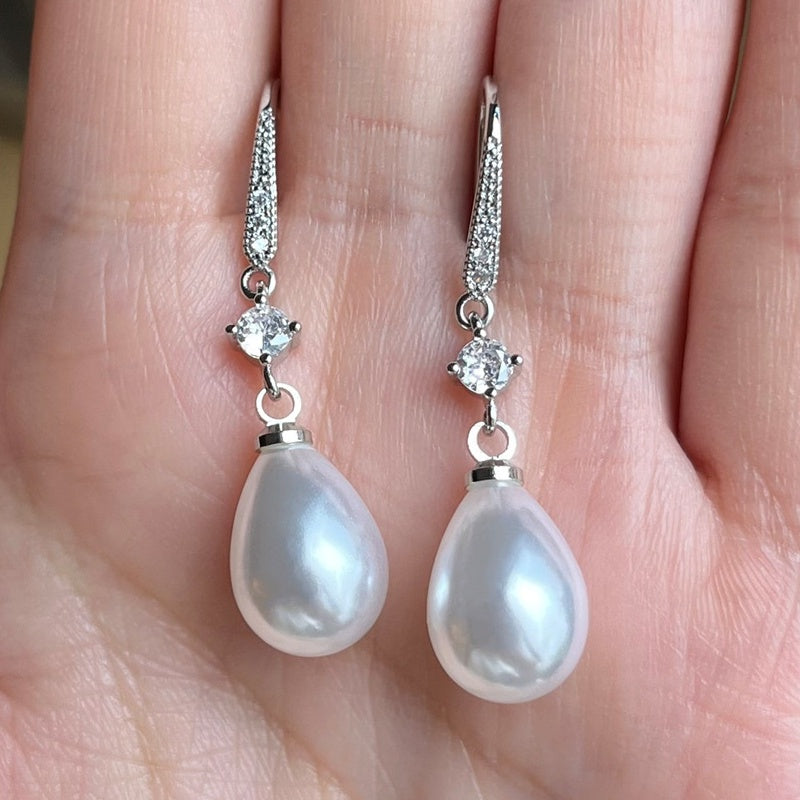 Women's White-Plated Cubic Zirconia Faux Pearl Drop Earrings