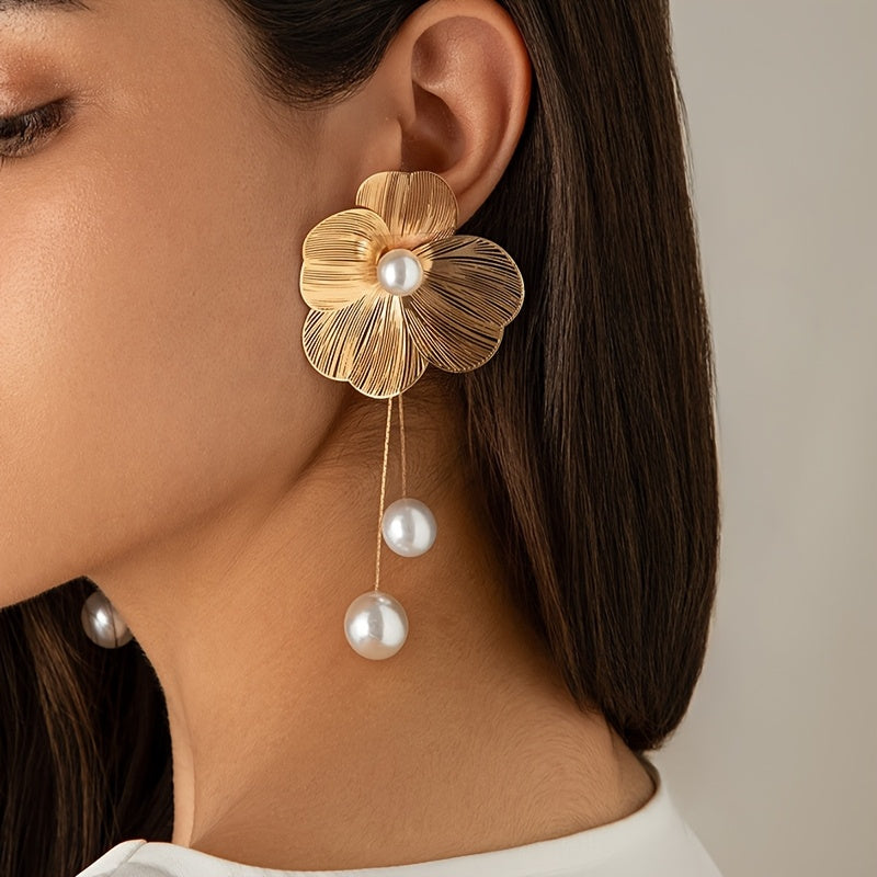 Women's Gold-Plated Ginkgo Flower Faux Pearl Drop Earrings