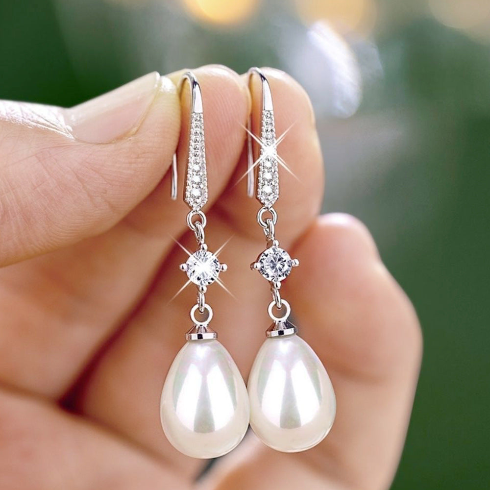 Women's White-Plated Cubic Zirconia Faux Pearl Drop Earrings