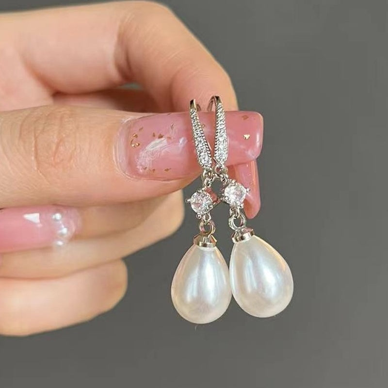 Women's White-Plated Cubic Zirconia Faux Pearl Drop Earrings