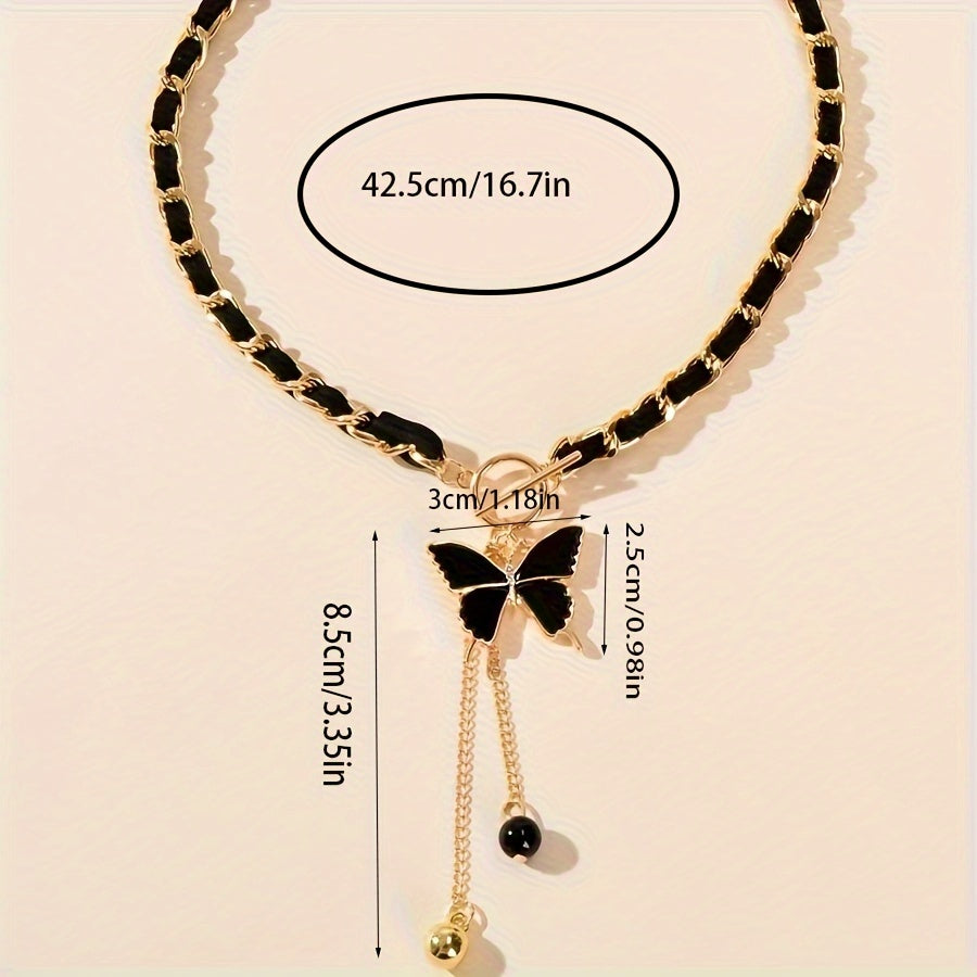 Black Velvet Twisted Mother-of- Heart Necklace for Women, Minimalist Collarbone Chain with Tassel Pendant