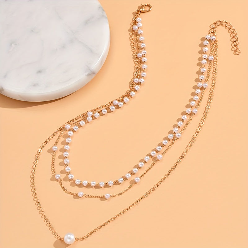 Women's 3-Layer Gold-Plated Chain Necklace with Beaded Pendant