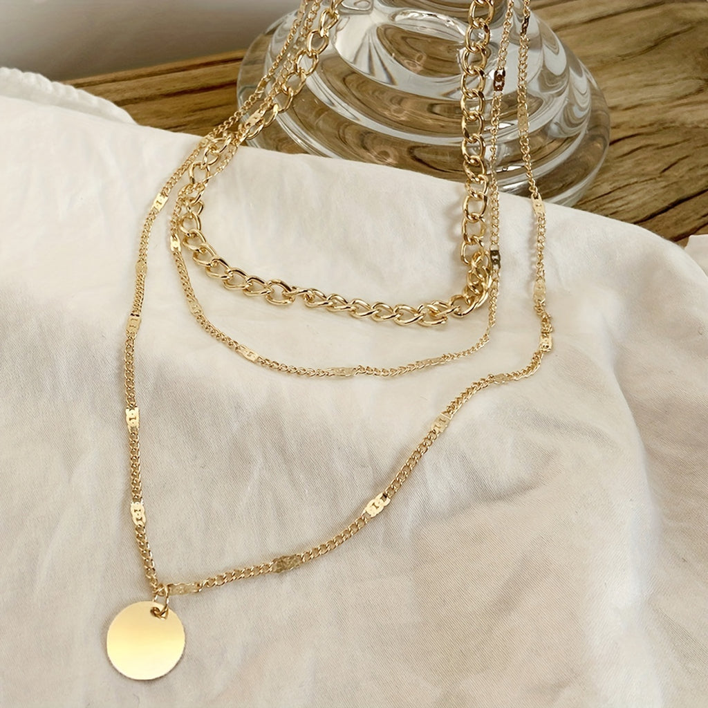 Women's Gold-Plated Multi-Layer Round Pendant Necklace