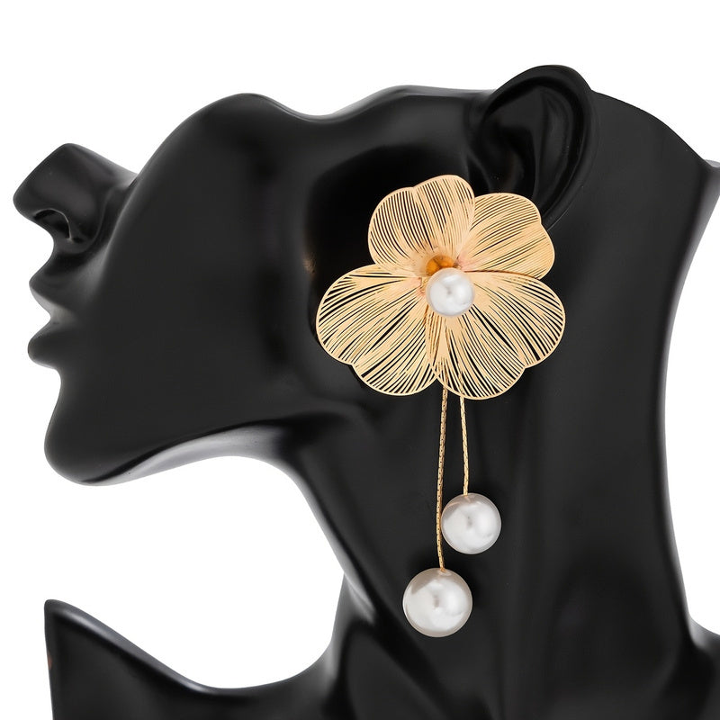 Women's Gold-Plated Ginkgo Flower Faux Pearl Drop Earrings