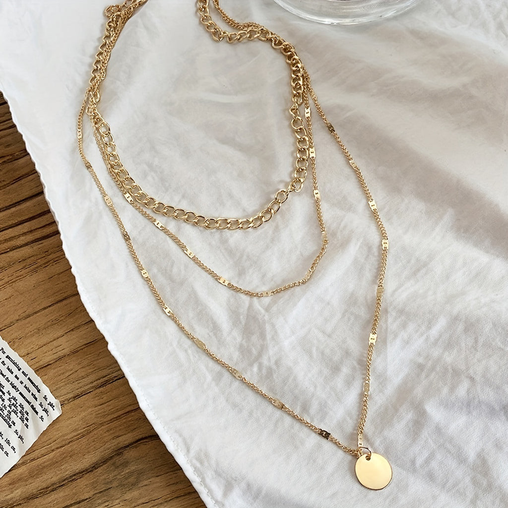 Women's Gold-Plated Multi-Layer Round Pendant Necklace