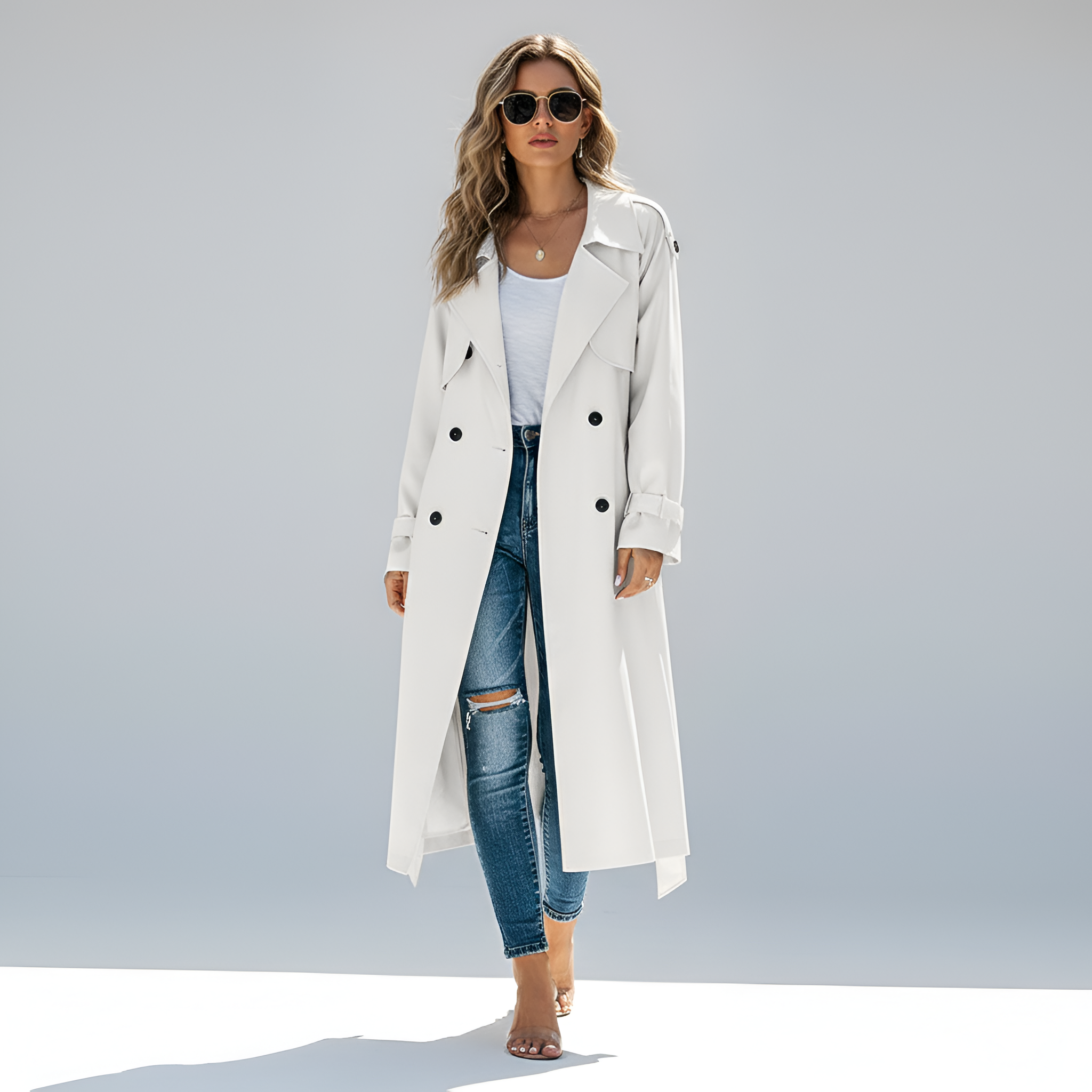 Women's Long Double-Breasted Trench Coat with Belt