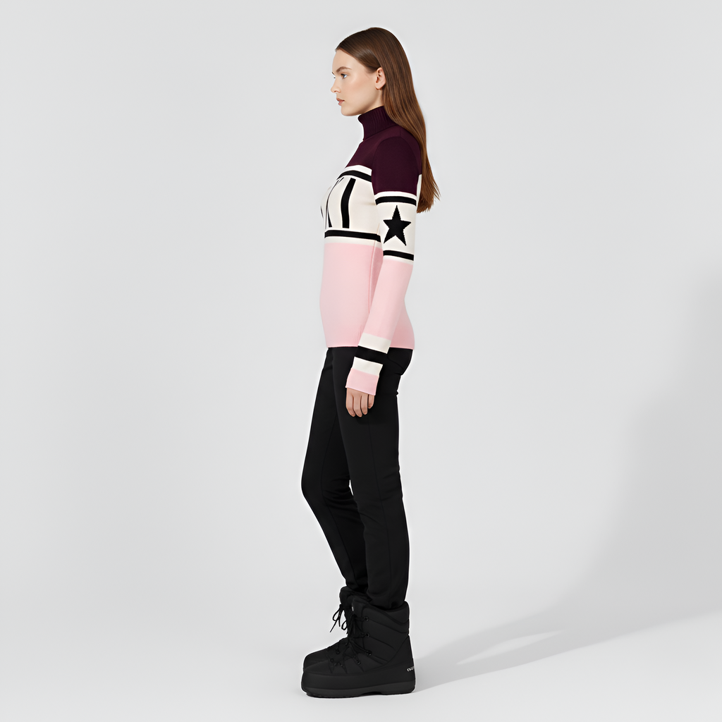 Women's Color Block Turtleneck Sweater with Graphic Print