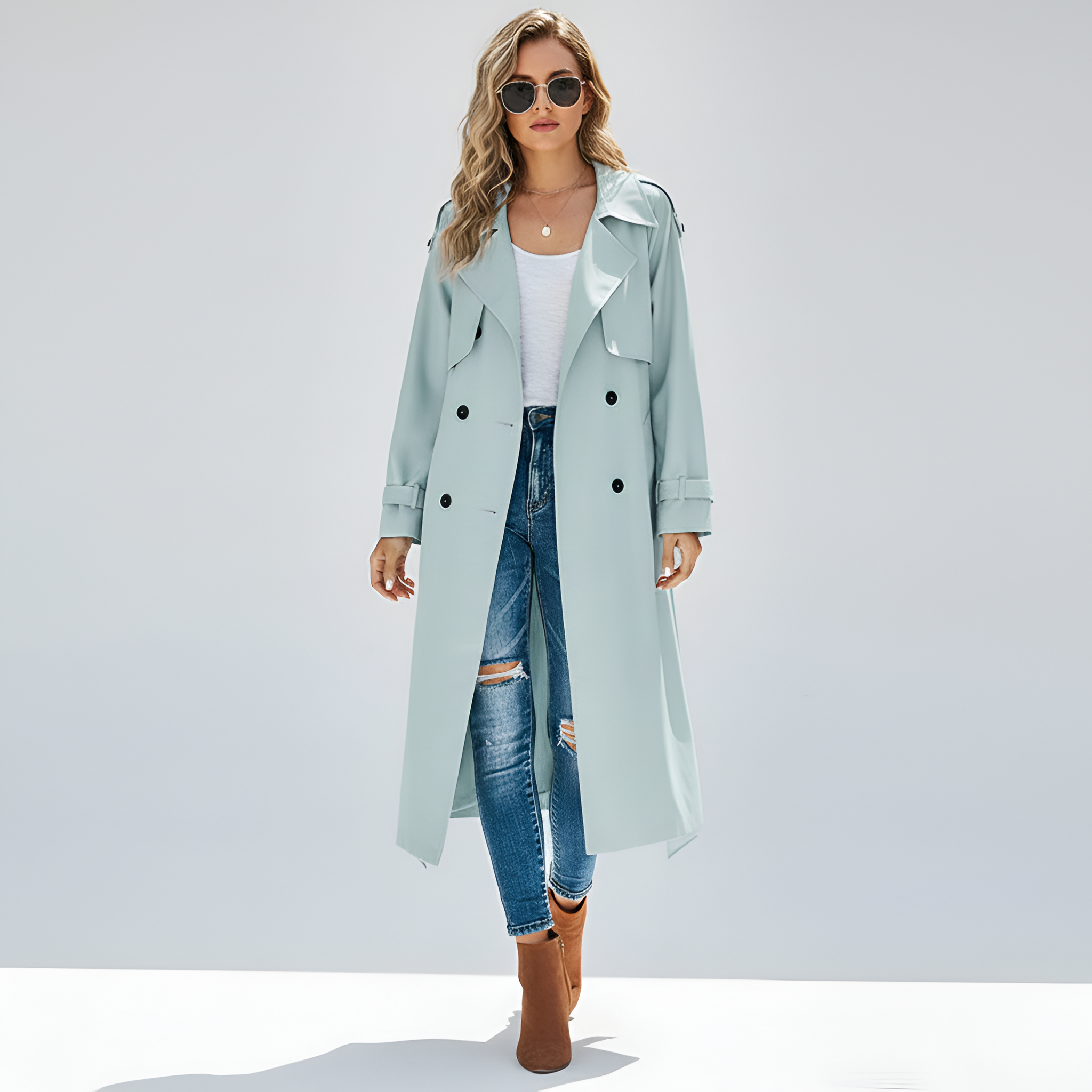 Women's Long Double-Breasted Trench Coat with Belt