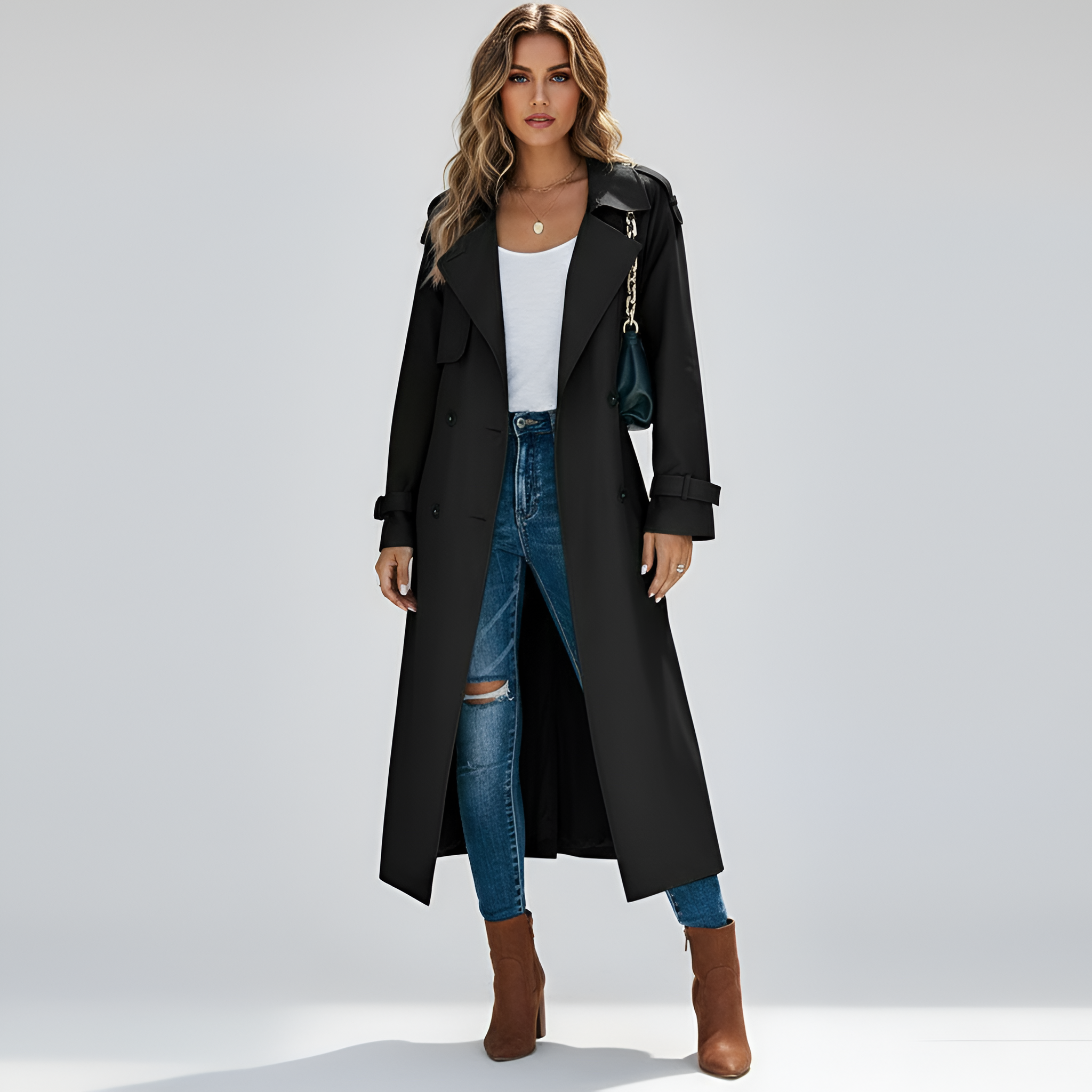 Women's Long Double-Breasted Trench Coat with Belt