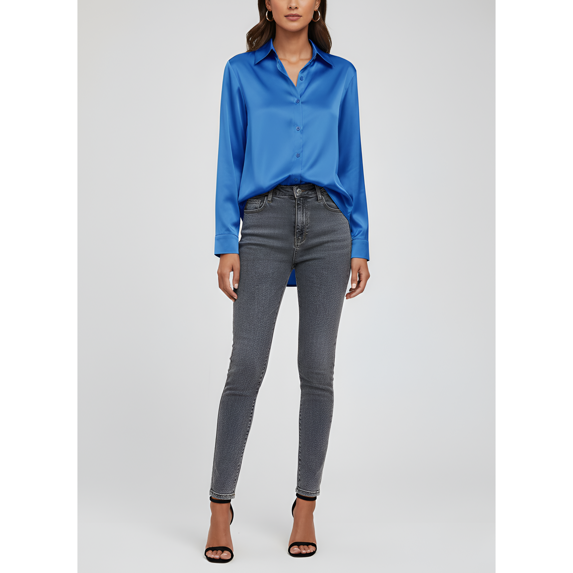 Women's Satin Tie-Front Blouse with Long Sleeves
