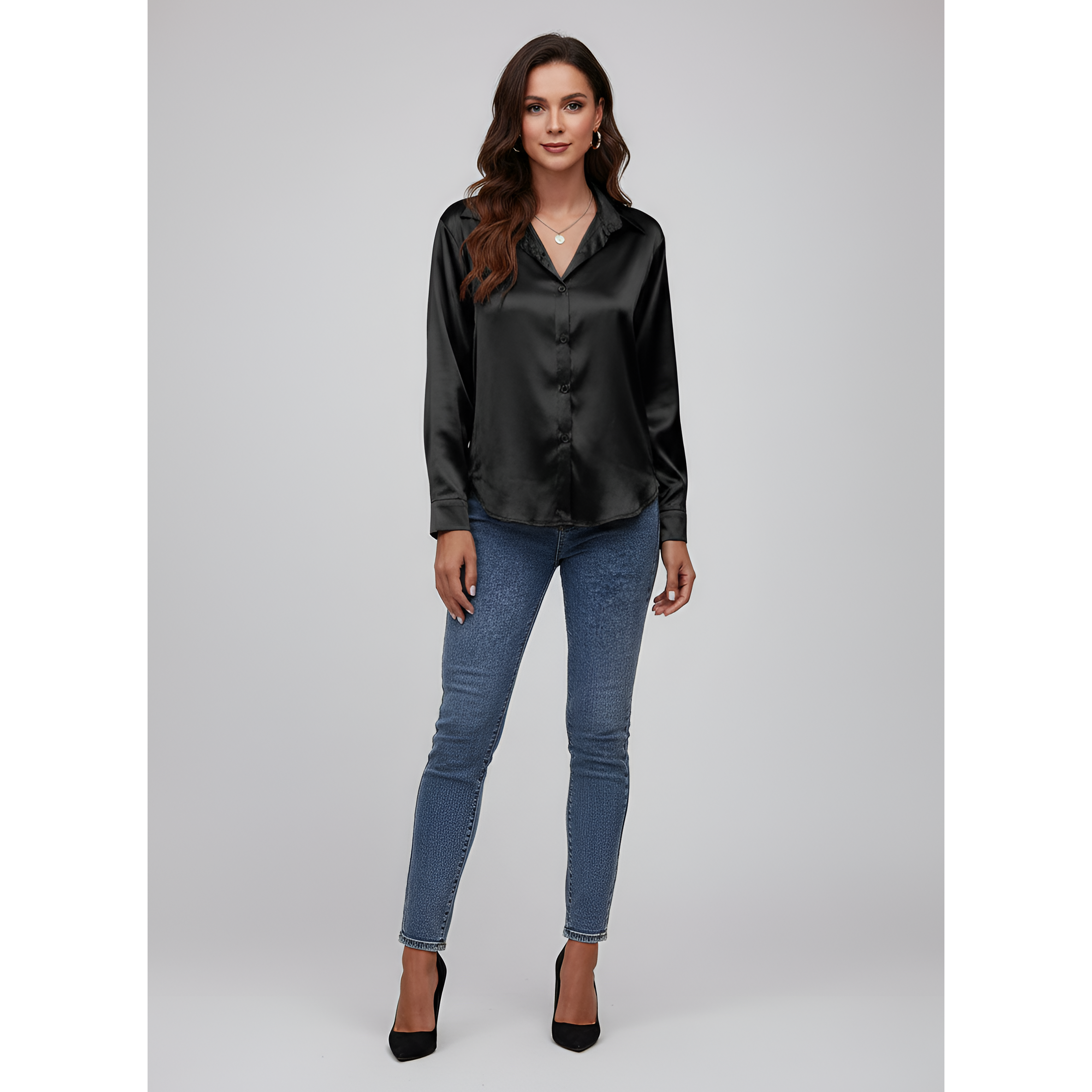 Women's Satin Tie-Front Blouse with Long Sleeves