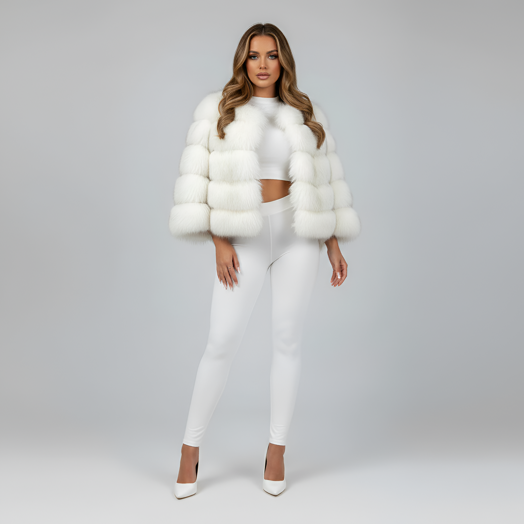Women's Cropped Faux Fur Jacket with Layered Panels