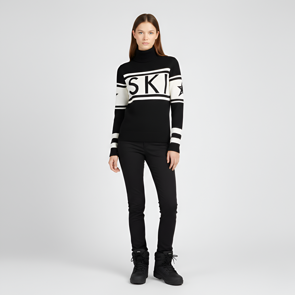 Women's Color Block Turtleneck Sweater with Graphic Print