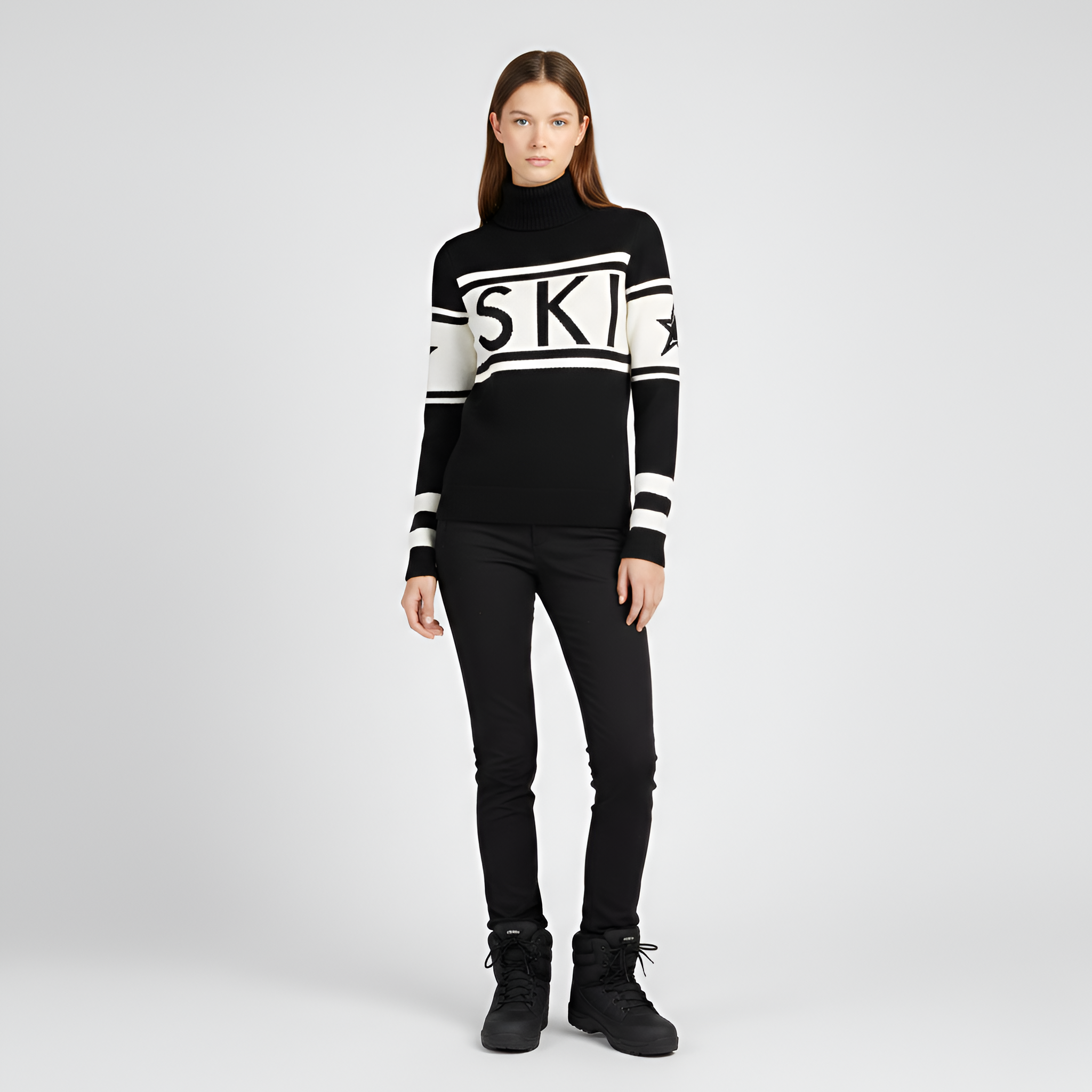 Women's Color Block Turtleneck Sweater with Graphic Print