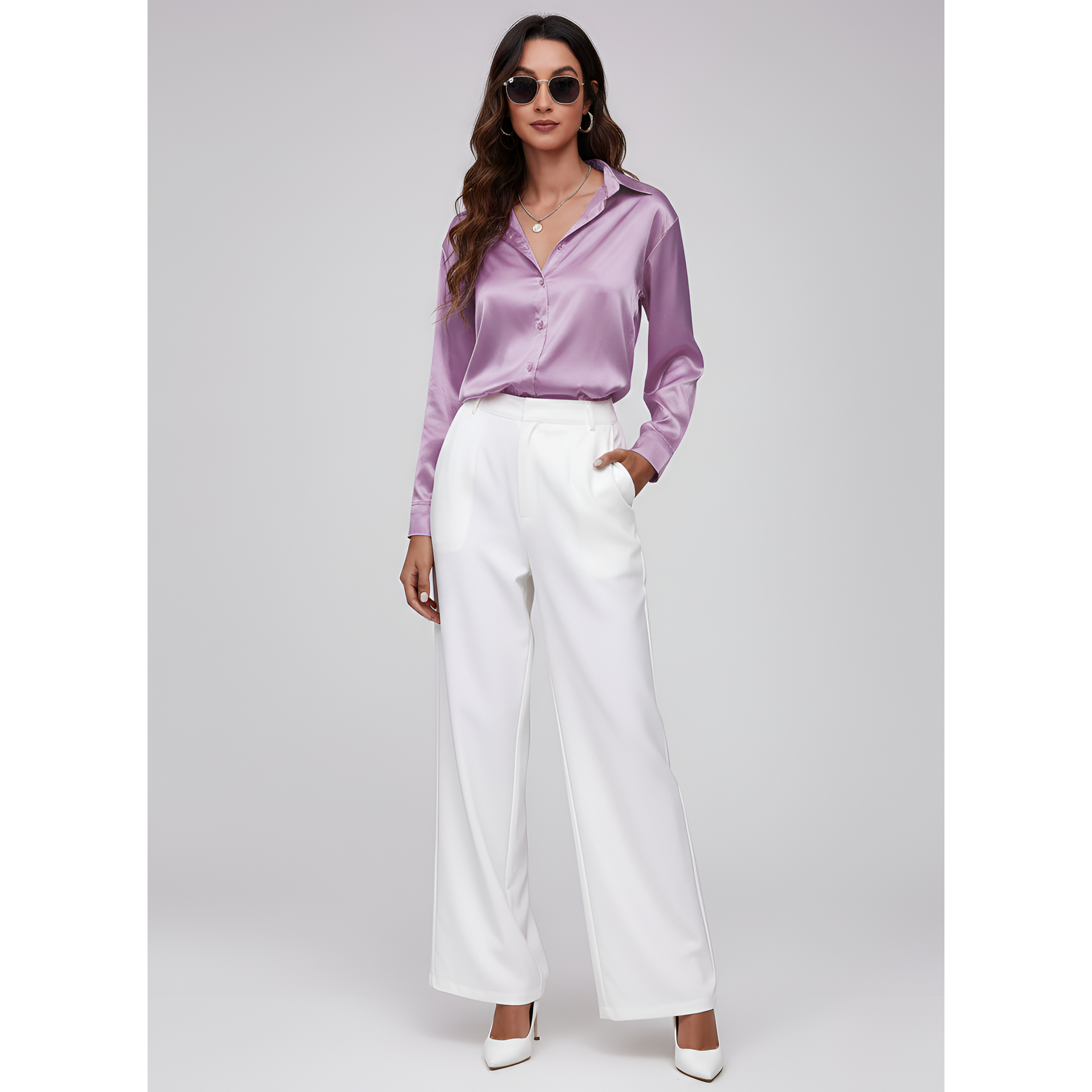 Women's Satin Tie-Front Blouse with Long Sleeves