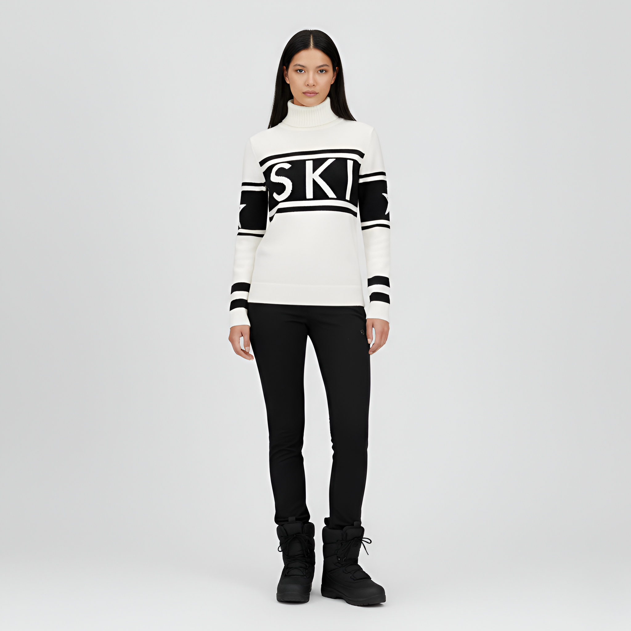 Women's Color Block Turtleneck Sweater with Graphic Print