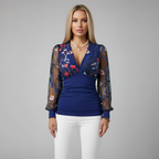 Women's Printed V-Neck Blouse with Long Sleeves