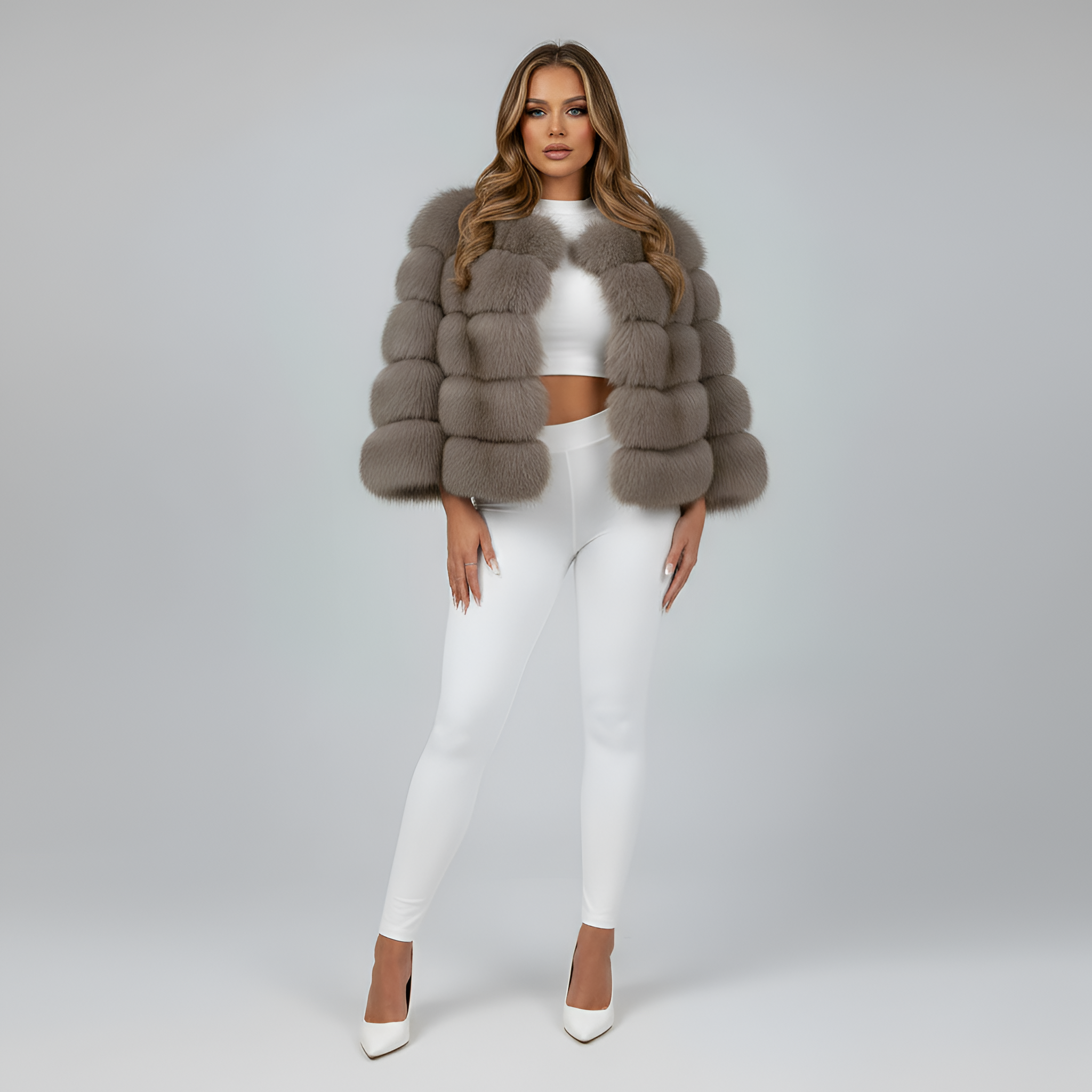 Women's Cropped Faux Fur Jacket with Layered Panels