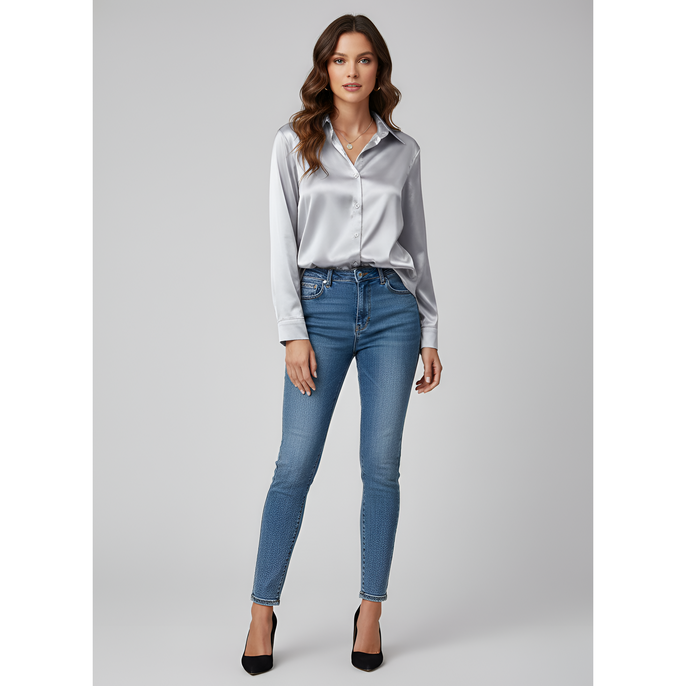 Women's Satin Tie-Front Blouse with Long Sleeves