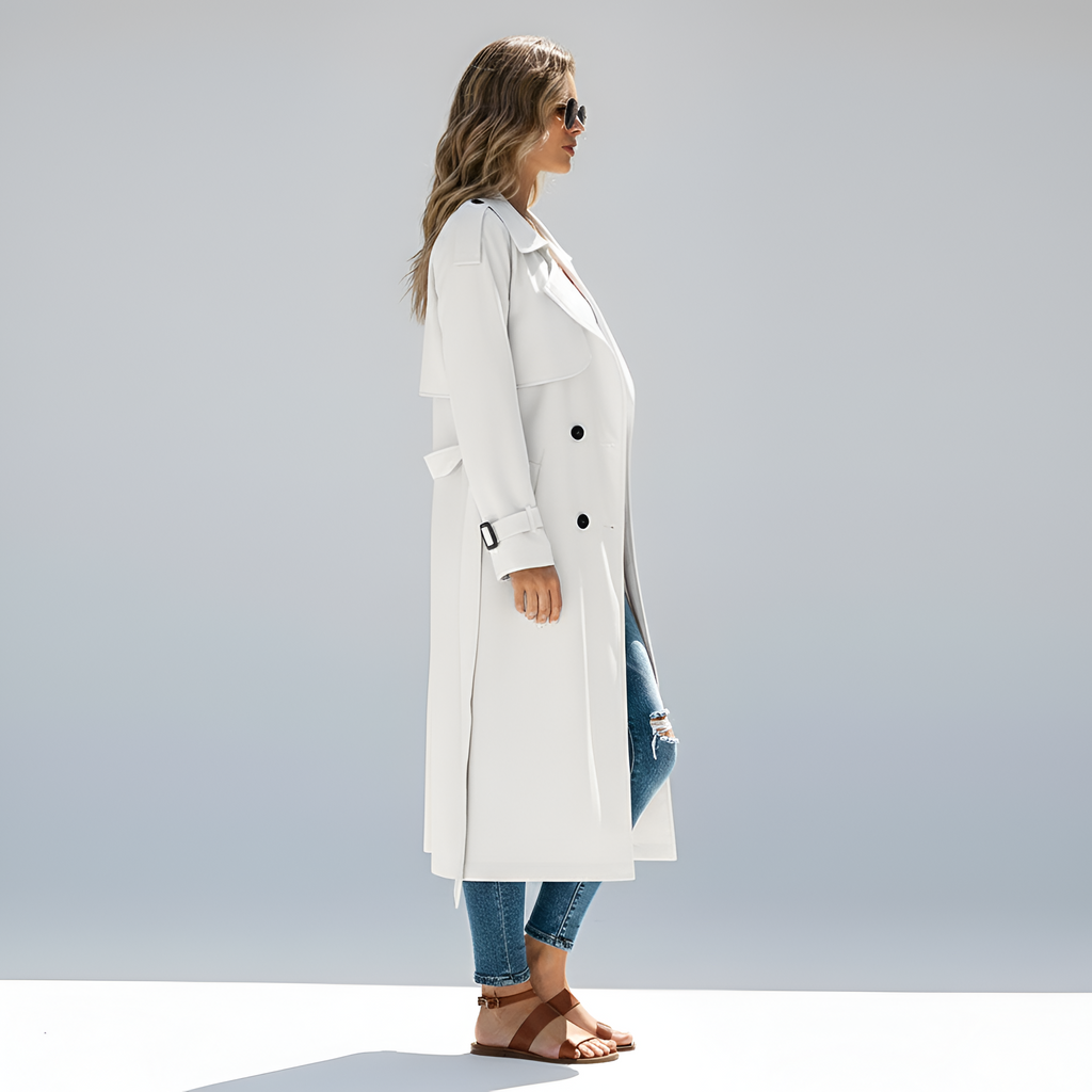 Women's Long Double-Breasted Trench Coat with Belt