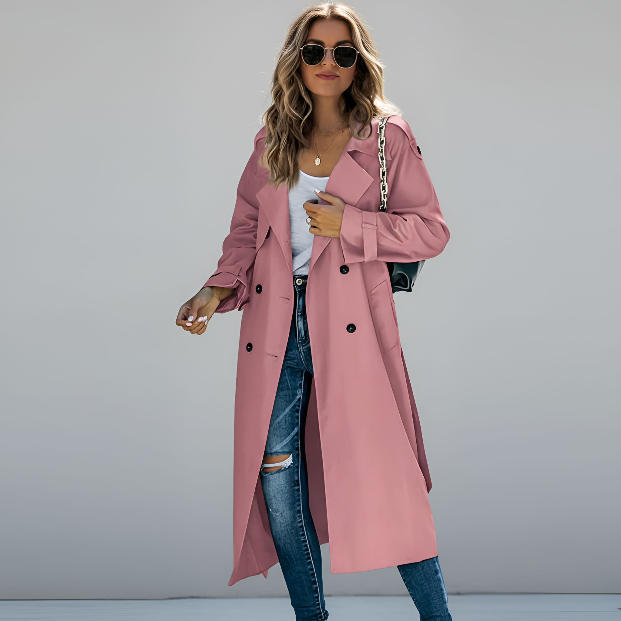 Women's Long Double-Breasted Trench Coat with Belt