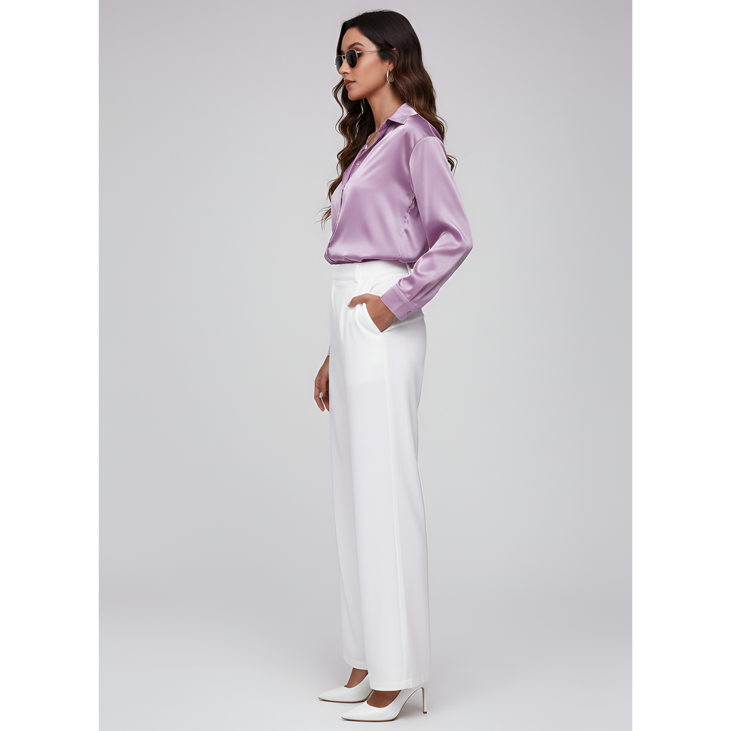 Women's Satin Tie-Front Blouse with Long Sleeves