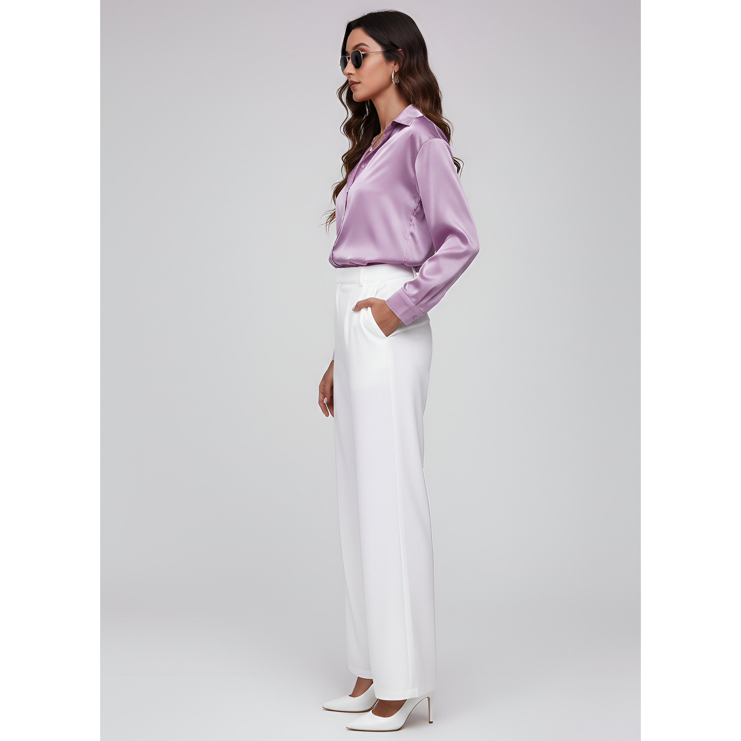 Women's Satin Tie-Front Blouse with Long Sleeves