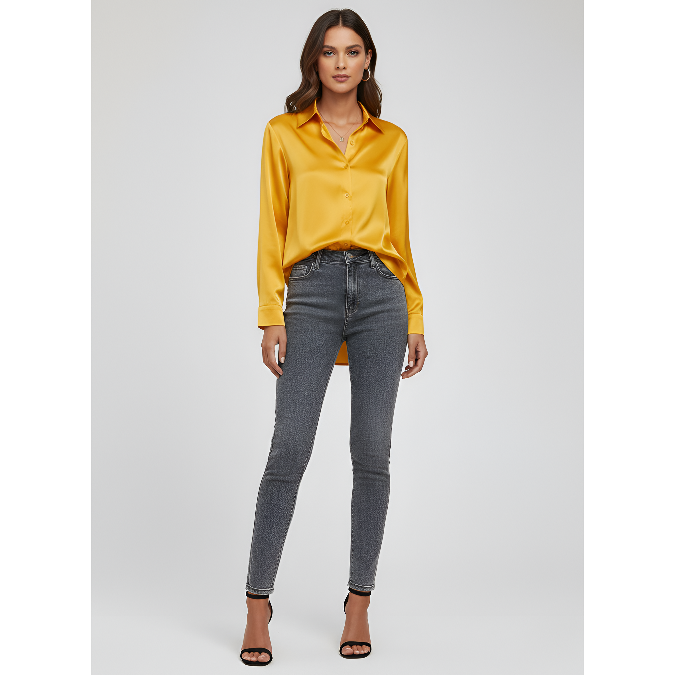 Women's Satin Tie-Front Blouse with Long Sleeves