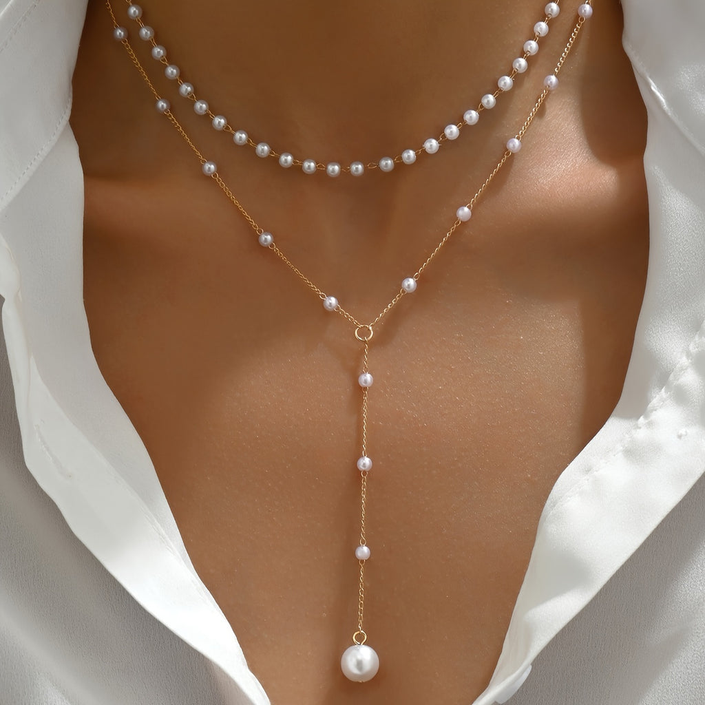 Women's Double-Layer Faux Pearl Tassel Necklace – Gold-Plated Chain