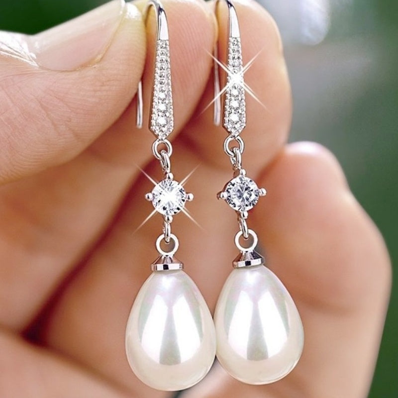 Women's White-Plated Cubic Zirconia Faux Pearl Drop Earrings