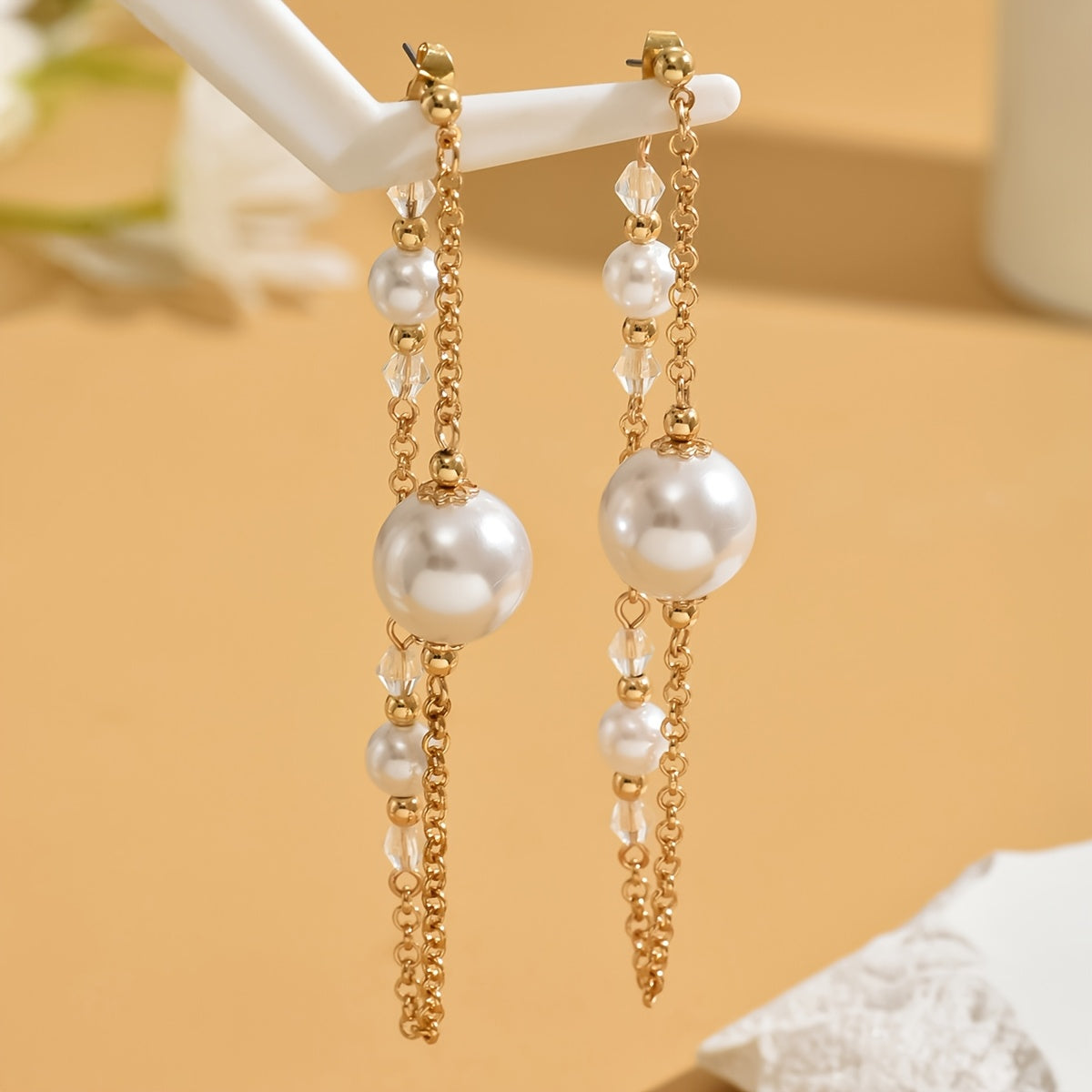 Women's Acrylic Faux Pearl Drop Earrings with Chain Tassel