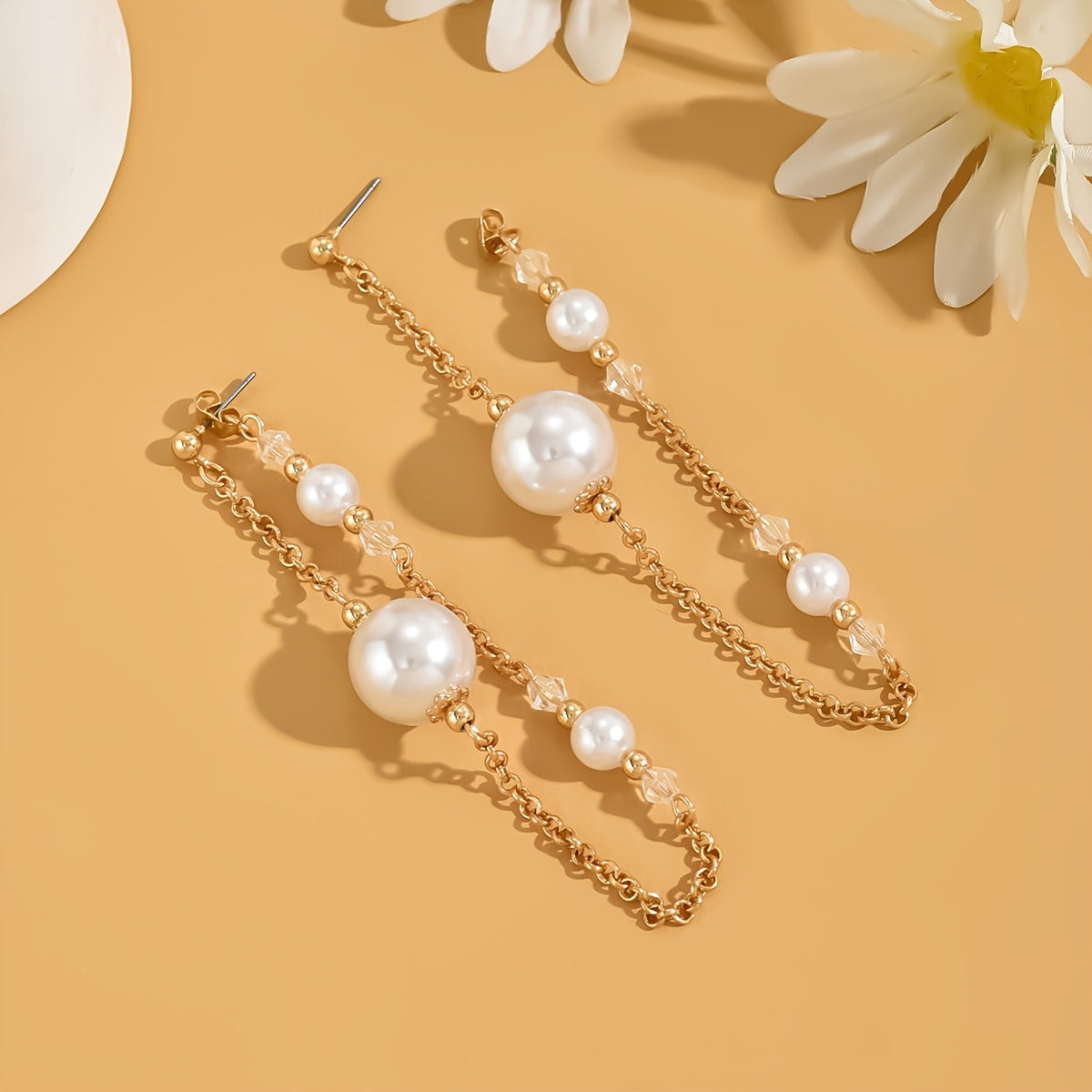 Women's Acrylic Faux Pearl Drop Earrings with Chain Tassel