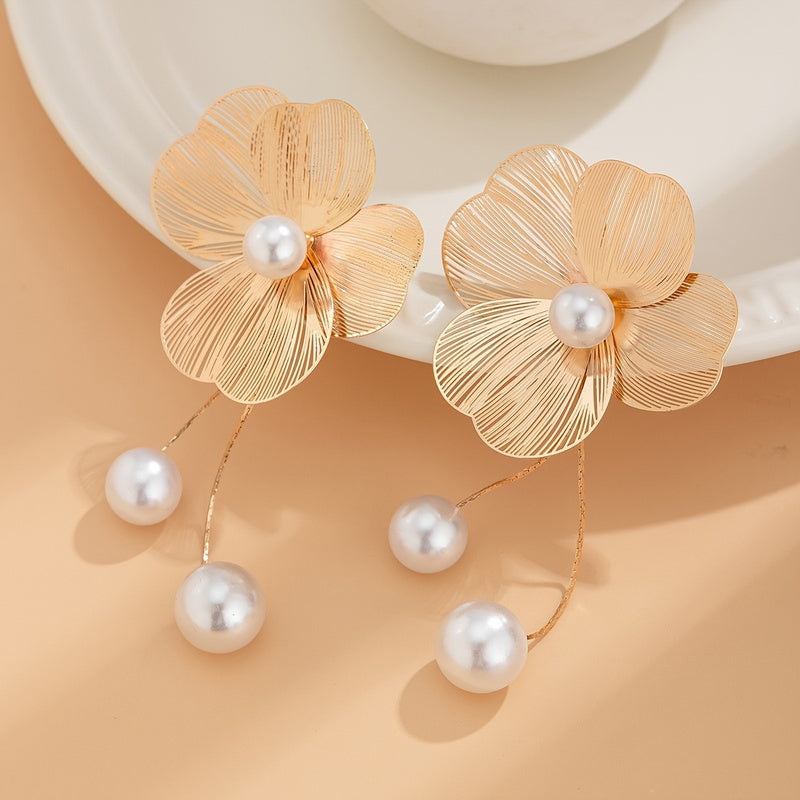 Women's Gold-Plated Ginkgo Flower Faux Pearl Drop Earrings