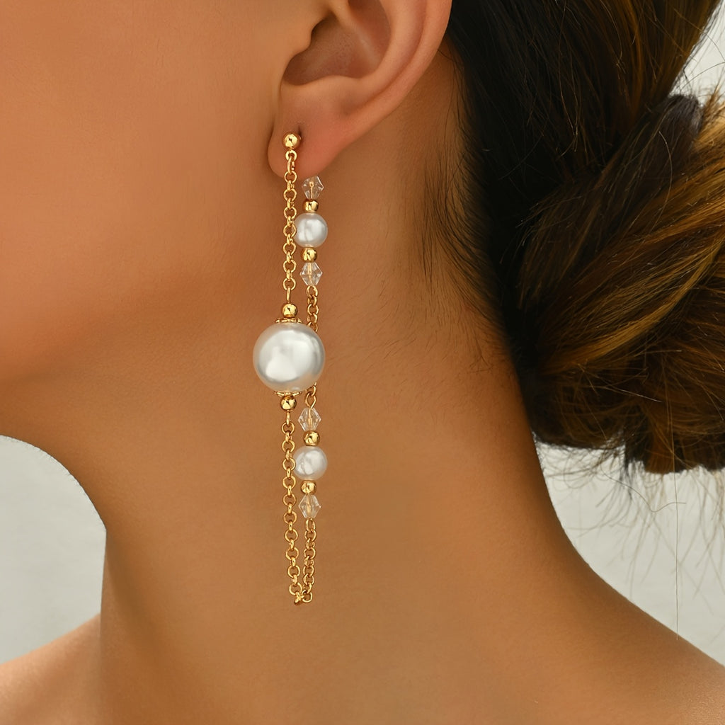 Women's Acrylic Faux Pearl Drop Earrings with Chain Tassel