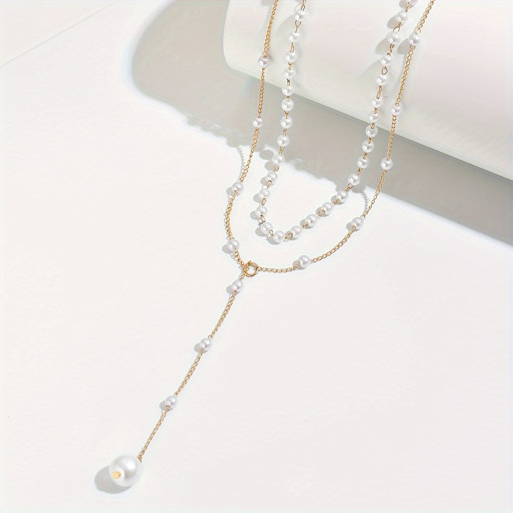 Women's Double-Layer Faux Pearl Tassel Necklace – Gold-Plated Chain