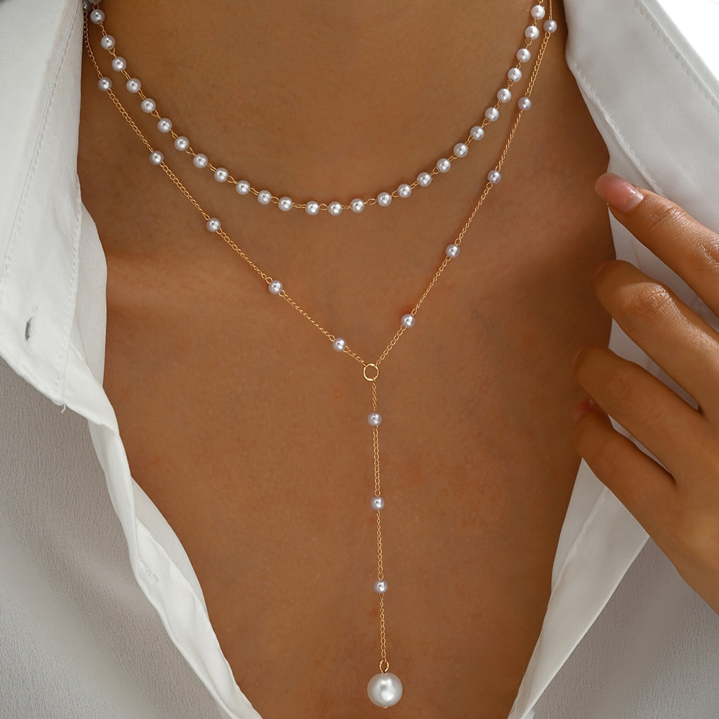 Women's Double-Layer Faux Pearl Tassel Necklace – Gold-Plated Chain