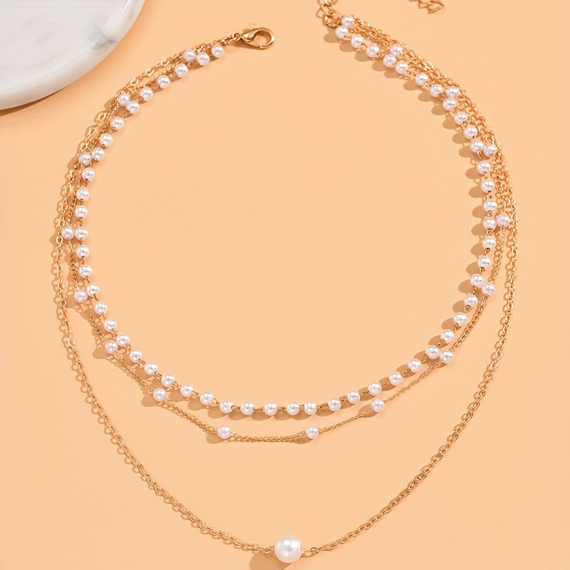Women's 3-Layer Gold-Plated Chain Necklace with Beaded Pendant