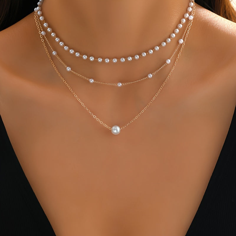 Women's 3-Layer Gold-Plated Chain Necklace with Beaded Pendant